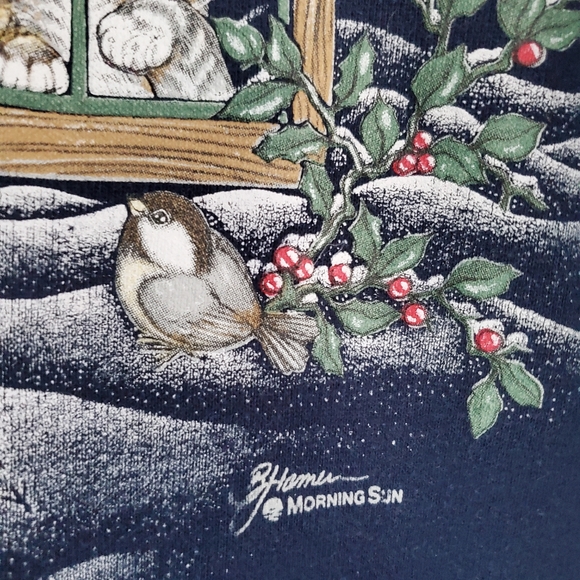 Vintage Morning Sun Collared Sweatshirt Women's LP Blue Cats And Birds - Picture 4 of 11